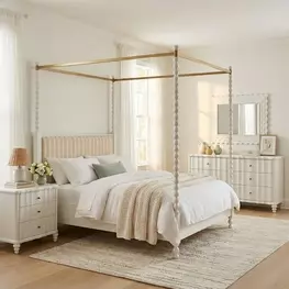 Haven Warm White Upholstered Canopy Poster Bedroom Set