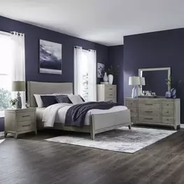 Newbury Sanctuary White and Flax Tone Upholstered Panel Bedroom Set