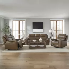 Collins York Chestnut Leather Zero Gravity Triple Power Reclining Living Room Set