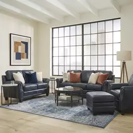 Ashton Midnight Blue Top Grain Leather Living Room Set with Nailhead Trim