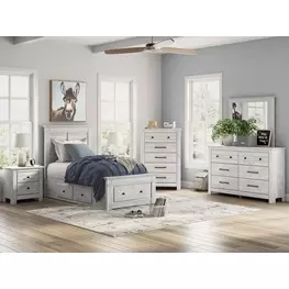 Fenderport Whitewash Youth Panel Bedroom Set with Storage Footboard and 4 Side Drawer