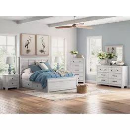 Fenderport Whitewash Panel Bedroom Set with 4 Side Drawer Storage