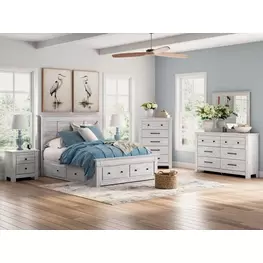 Fenderport Whitewash Panel Bedroom Set with Storage Footboard and 4 Side Drawer