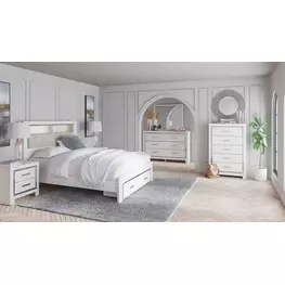 Altyra White and Gray Upholstered Bookcase Storage Bedroom Set with LED