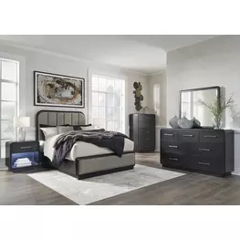 Rowanbeck Gray and Black Upholstered Panel Bedroom Set