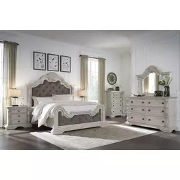Andonhall Antique White and Gray Upholstered Panel Bedroom Set