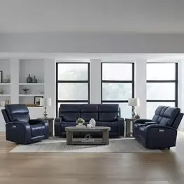 Glenwood Rainer Ocean Leather Lay Flat Power Reclining Living Room Set with USB Charging