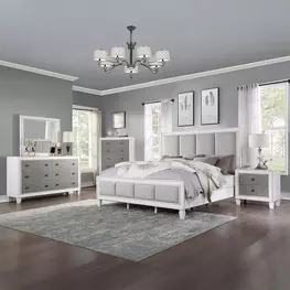 Katia Light Gray and Weathered White Upholstered Panel Bedroom Set