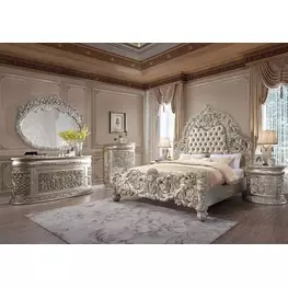 Sorina Beige and Antique Gold Upholstered Panel Bedroom Set