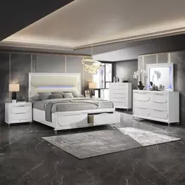 Tarian Cream and Pearl White Upholstered Storage Panel Bedroom Set with LED