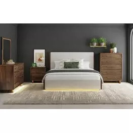 Perth Beige and Brown Upholstered Platform Bedroom Set with LED