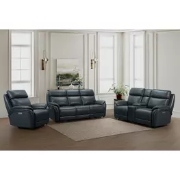 Corry Pretty G Dark Blue Leather Power Reclining Living Room Set with Power Lumbar and USB Charging
