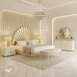 Fantosini Creamy Pearl and Gold Leaf Fan Platform Bedroom Set