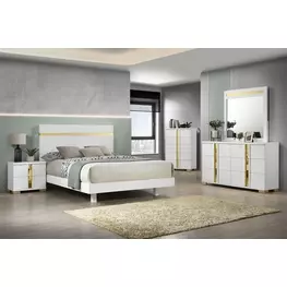 Lillestrom White and Gold Panel Bedroom Set with Underbed LED Light