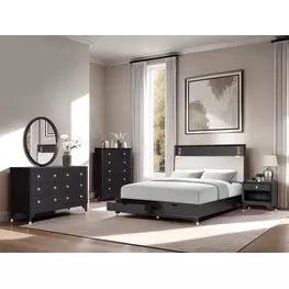 Torrance Black and White Upholstered Storage Panel Bedroom Set with LED