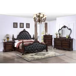 Cremona Dark Cherry and Gray Upholstered Panel Bedroom Set with Nailhead Trim