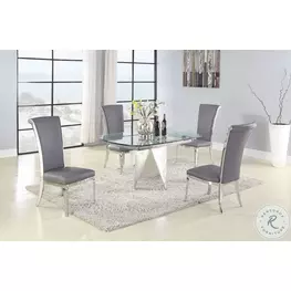 Gloria Clear Glass And Polished Stainless Steel Extendable Dining Room Set with Joy Polish Stainless steel Tall Back Side Chair Set of 2
