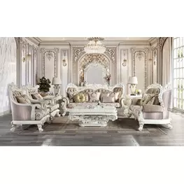 Vanaheim Beige and Gold Living Room Set with Nailhead Trim