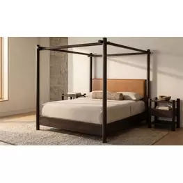 Devin Brown Leather Upholstered Canopy Bedroom Set