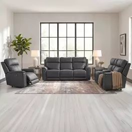 Walker Aline Anthracite Leather Triple Power Reclining Living Room Set with Dropdown Console and USB Charging