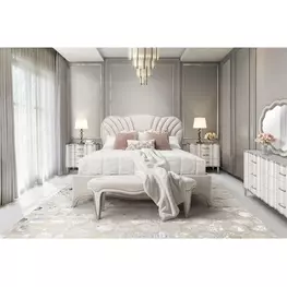 London Place Creamy Pearl Velvet Panel Bedroom Set