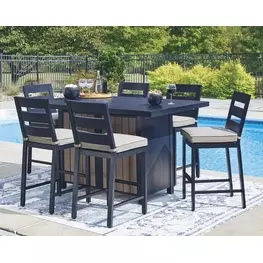 Mabry Shores Navy Blue and Driftwood 70" Rectangular Outdoor Bar Dining Room Set with Fire Pit