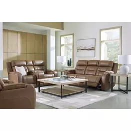 Dreamer Caramel Leather Power Reclining Living Room Set with Audio Seating