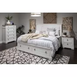 Crownfall Whisper White and Cerused Nutmeg Upholstered Storage Panel Bedroom Set