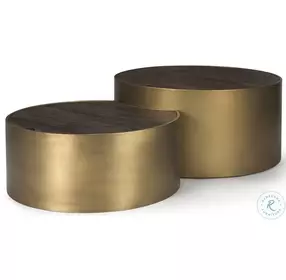 Eclipse Dark Brown Wood And Antique Brass Metal Drum Coffee Table