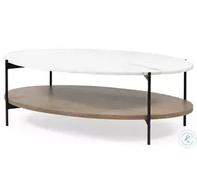 Larkin White Marble And Black Metal Oval Coffee Table with Brown Wood Shelf 