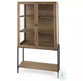 Arelius Light Brown Wood And Black Metal Display Cabinet