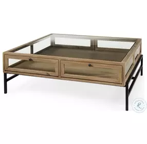 Arelius Light Brown Wood And Black Metal Square Coffee Table