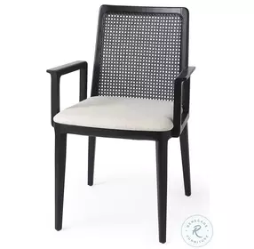 Clara Cream Fabric And Black Wood Cane Back Dining Arm Chair