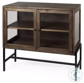 Arelius Medium Brown Wood And Black Metal 2 Glass Door Accent Cabinet