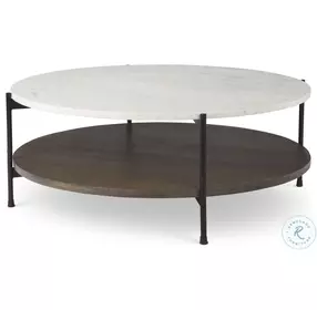 Larkin White Marble And Black Metal Round Coffee Table with Dark Brown Wood Shelf