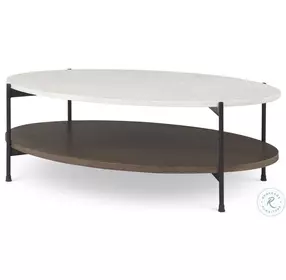 Larkin White Marble And Black Metal Oval Coffee Table with Dark Brown Wood Shelf
