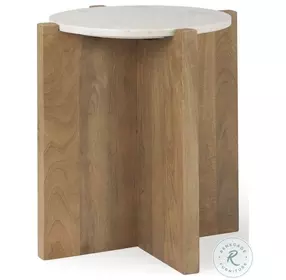 Bianca White Marble And Light Brown Wood Accent Table