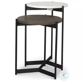 Larkin White Marble And Black Metal Side Tables with Dark Brown Wood Shelf