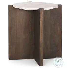 Bianca White Marble And Dark Brown Wood Accent Table