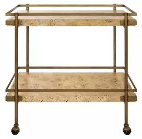 Cash Light Burl Wood And Antique Brass Bar Cart