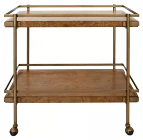 Cash Dark Burl Wood And Antique Brass Bar Cart