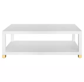 Patricia Matte White Lacquer Coffee Table With Antique Brass Foot Caps
