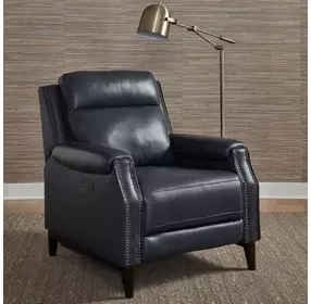 Rawling York Navy Leather Power Recliner with Nailhead Trim and USB Charging