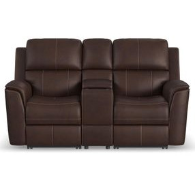 Henry Brown Leather Power Reclining Console Loveseat with Power Headrest and Lumbar