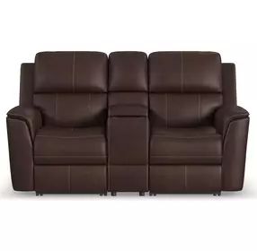 Henry Brown Leather 75" Power Reclining Console Loveseat with Power Headrest and Lumbar