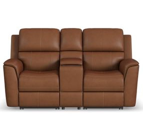 Henry Russet Leather Power Reclining Console Loveseat with Power Headrest and Lumbar