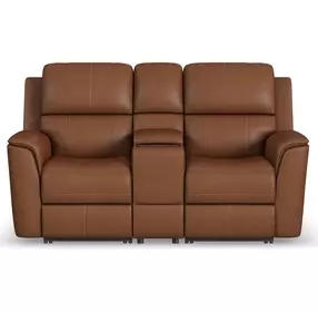 Henry Russet Leather 75" Power Reclining Console Loveseat with Power Headrest and Lumbar