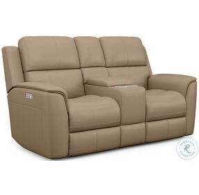 Henry Brown Leather Power Reclining Console Loveseat with Power Headrest and Lumbar