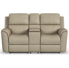 Henry Brown Leather Power Reclining Console Loveseat with Power Headrest and Lumbar
