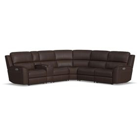 Henry Burnt Umber Leather 6 Piece Modular Zero Gravity Power Reclining Sectional with Power Headrest and USB Charging